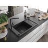 Mexen Elias Granitspüle 1-Becken mit Abtropffläche und Küchenarmatur Flora, schwarz - 6511-77-670401-70-B
