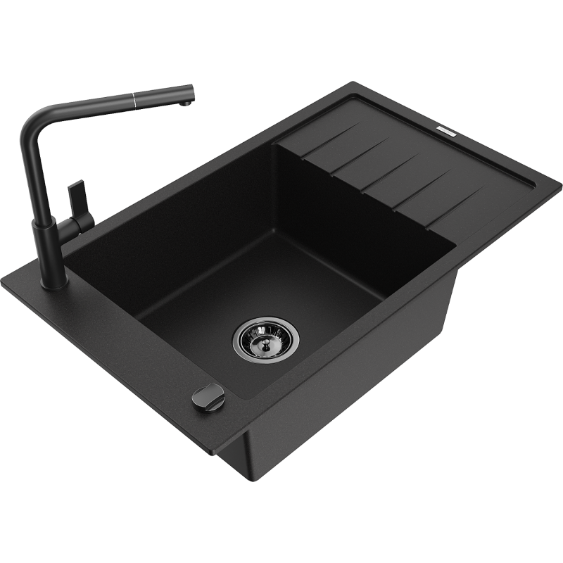 Mexen Elias Granitspüle 1-Becken mit Abtropffläche und Küchenarmatur Flora, schwarz - 6511-77-670401-70-B