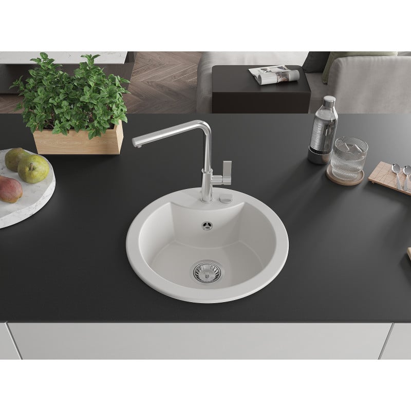 Mexen Diego 1-bowl granite sink with Flora kitchen tap, white - 6512-20-670401-00
