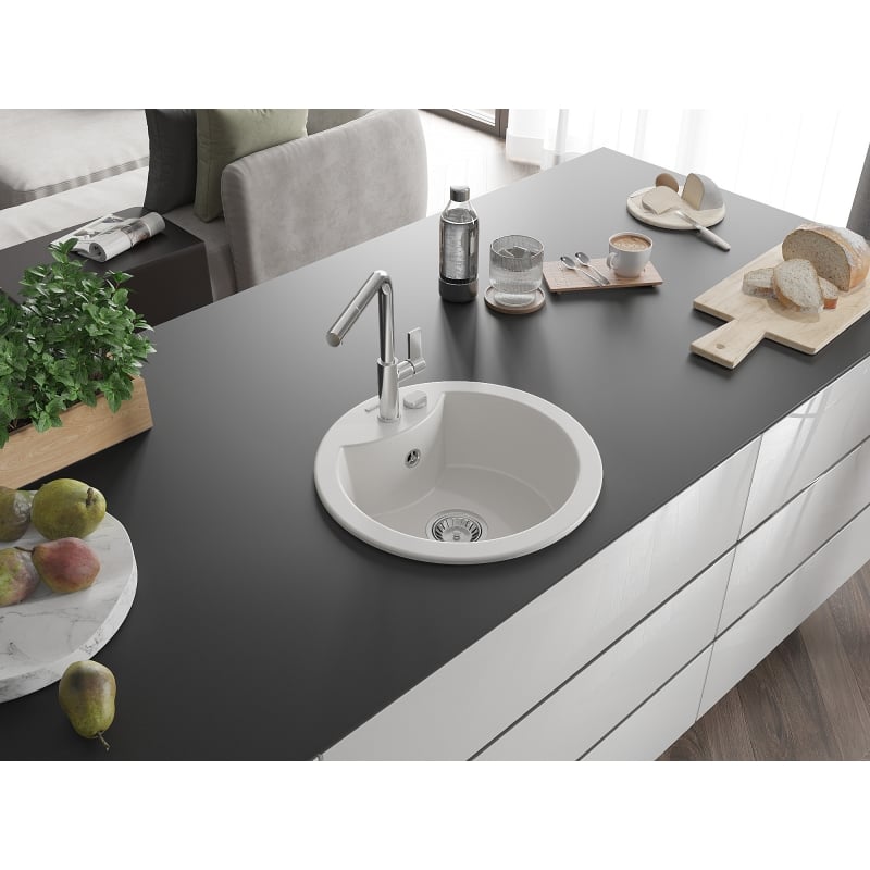 Mexen Diego granite kitchen sink 1-bowl with Flora kitchen faucet, white - 6512-20-670401-00