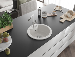 Mexen Diego granite sink with 1 bowl and Flora kitchen tap, white - 6512-20-670401-02