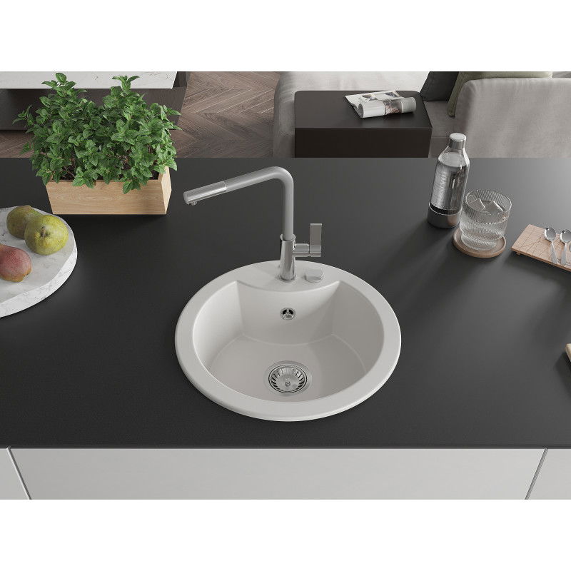Mexen Diego 1-Bowl Granite Sink with Flora Kitchen Tap, White - 6512-20-670401-06