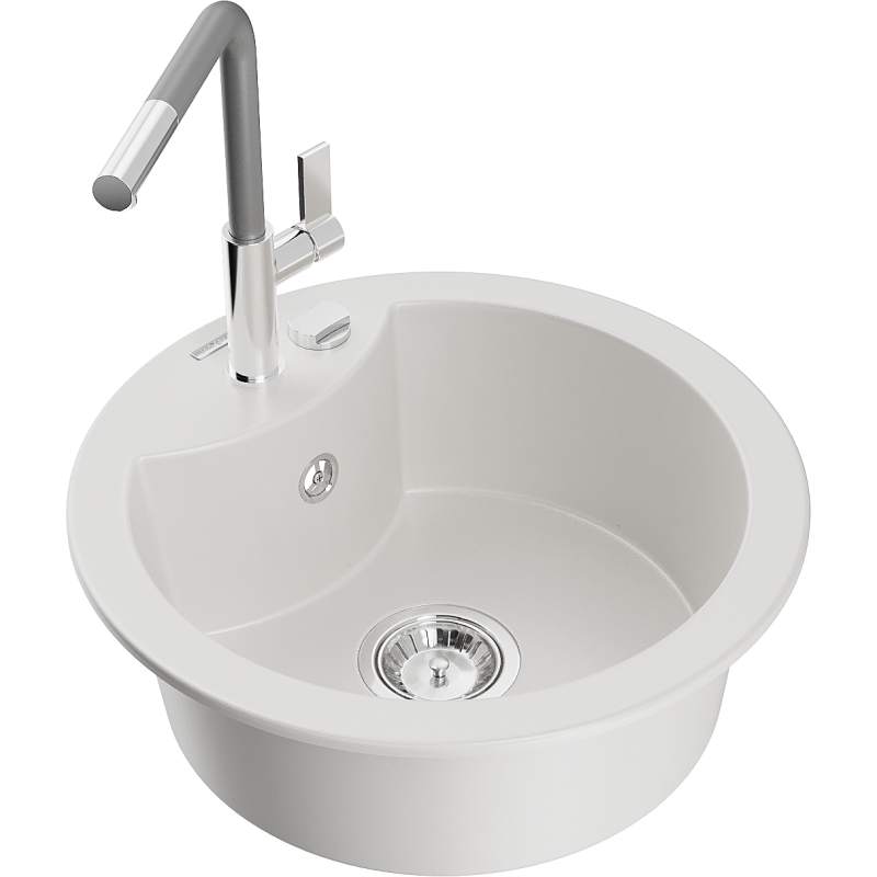 Mexen Diego 1-Bowl Granite Sink with Flora Kitchen Tap, White - 6512-20-670401-06