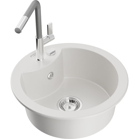 Mexen Diego 1-Bowl Granite Sink with Flora Kitchen Tap, White - 6512-20-670401-06