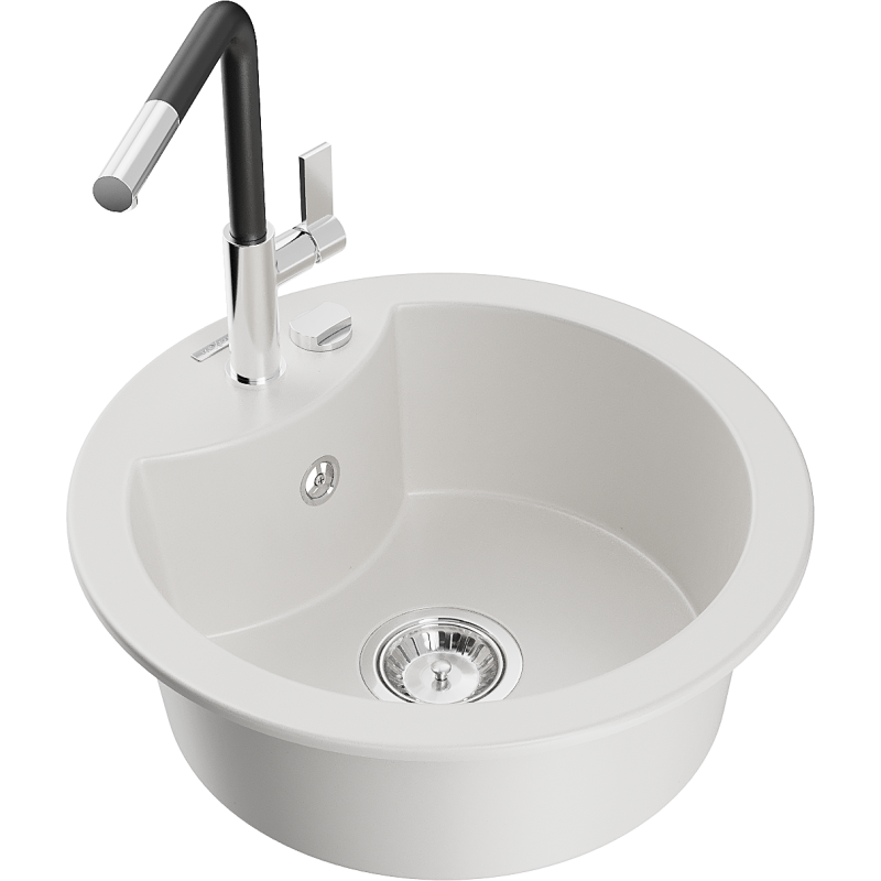 Mexen Diego lava-louça de granito 1-bacia com torneira de cozinha Flora, branco - 6512-20-670401-07