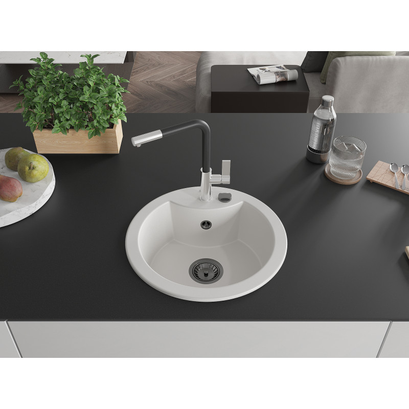 Mexen Diego zlewozmywak granitowy 1-komorowy z baterią kuchenną Flora, biały - 6512-20-670401-07-B