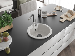 Mexen Diego single-bowl granite sink with Flora kitchen tap, white - 6512-20-670401-07-B