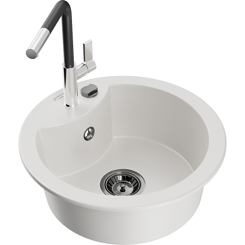 Mexen Diego lava-louça de granito de 1 cuba com torneira de cozinha Flora, branco - 6512-20-670401-07-B