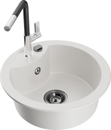 Mexen Diego 1-Bowl Granite Sink with Flora Kitchen Faucet, White - 6512-20-670401-07-B