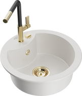 Mexen Diego lava-louça de granito de 1 câmara com torneira de cozinha Flora, branco - 6512-20-670401-57-G