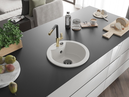 Mexen Diego 1-bowl granite sink with Flora kitchen tap, white - 6512-20-670401-57-B