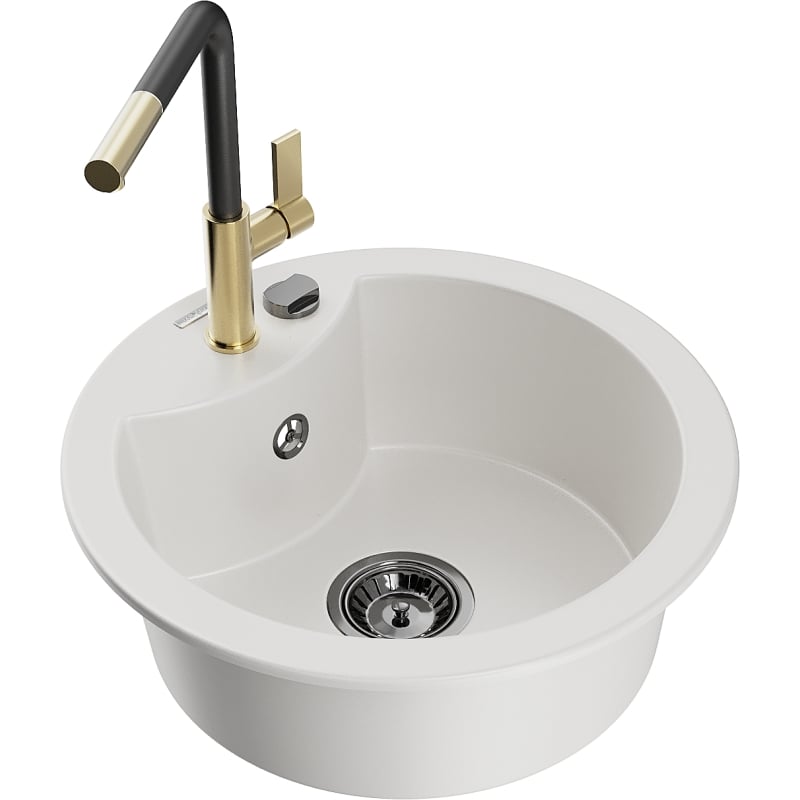 Mexen Diego 1-bowl granite sink with Flora kitchen faucet, white - 6512-20-670401-57-B