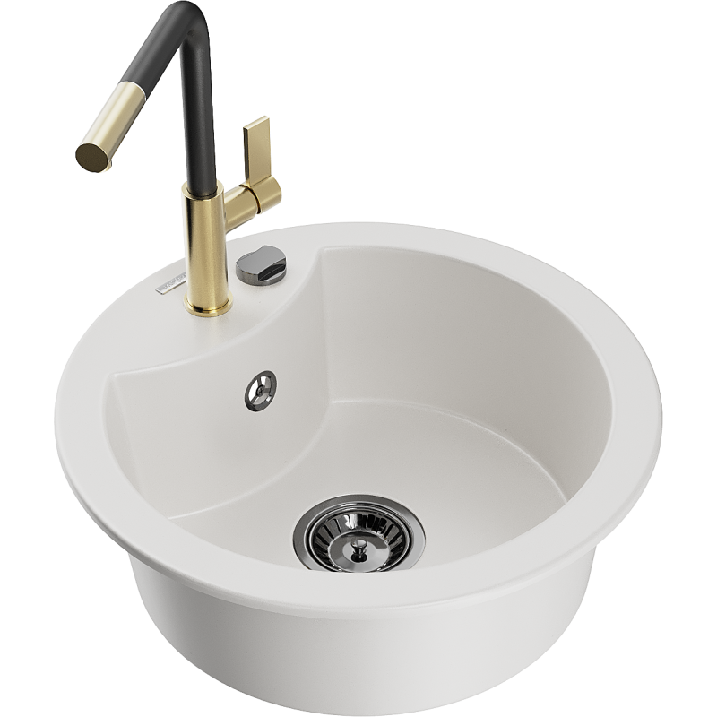 Mexen Diego 1-bowl granite sink with Flora kitchen tap, white - 6512-20-670401-57-B