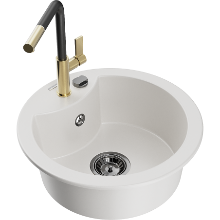 Mexen Diego 1-bowl granite sink with Flora kitchen tap, white - 6512-20-670401-57-B