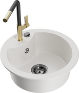 Mexen Diego 1-bowl granite sink with Flora kitchen tap, white - 6512-20-670401-57-B