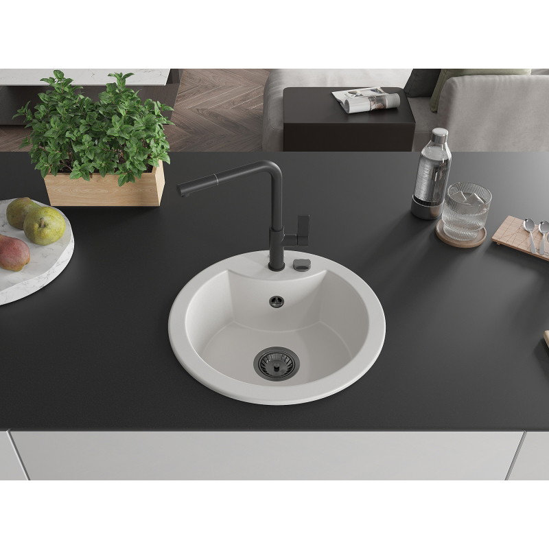 Mexen Diego Granitspüle 1-Becken mit Küchenarmatur Flora, weiß - 6512-20-670401-70-B