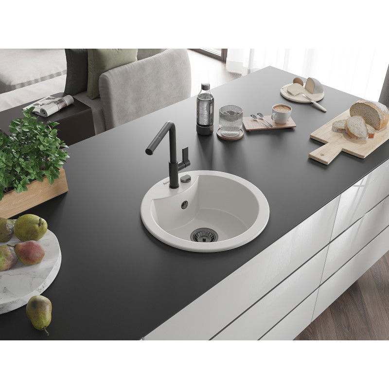 Mexen Diego 1-bowl granite sink with Flora kitchen tap, white - 6512-20-670401-70-B