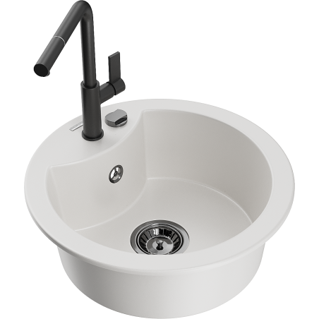 Mexen Diego 1-bowl granite sink with Flora kitchen tap, white - 6512-20-670401-70-B