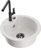 Mexen Diego 1-bowl granite sink with Flora kitchen tap, white - 6512-20-670401-70-B