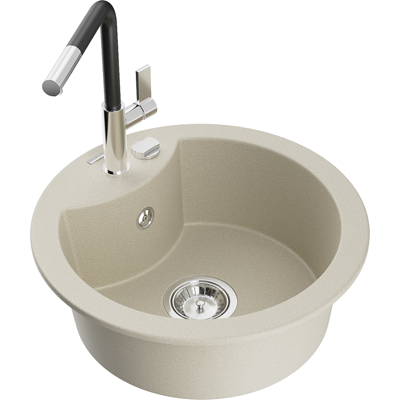 Mexen Diego Granitspüle 1-beckig mit Küchenarmatur Flora, beige - 6512-69-670401-07