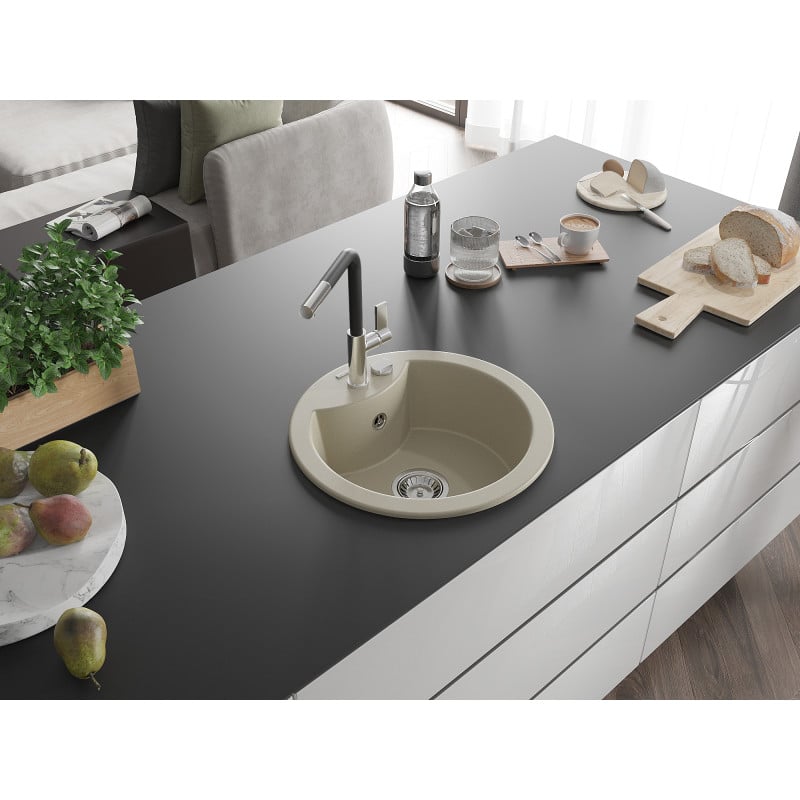 Mexen Diego zlewozmywak granitowy 1-komorowy z baterią kuchenną Flora, beżowy - 6512-69-670401-07