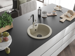 Mexen Diego granieten spoelbak 1-kamer met keukenkraan Flora, beige - 6512-69-670401-07-B