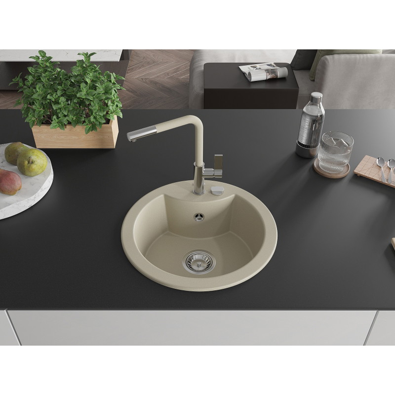 Mexen Diego évier en granit 1 bac avec robinet de cuisine Flora, beige - 6512-69-670401-09