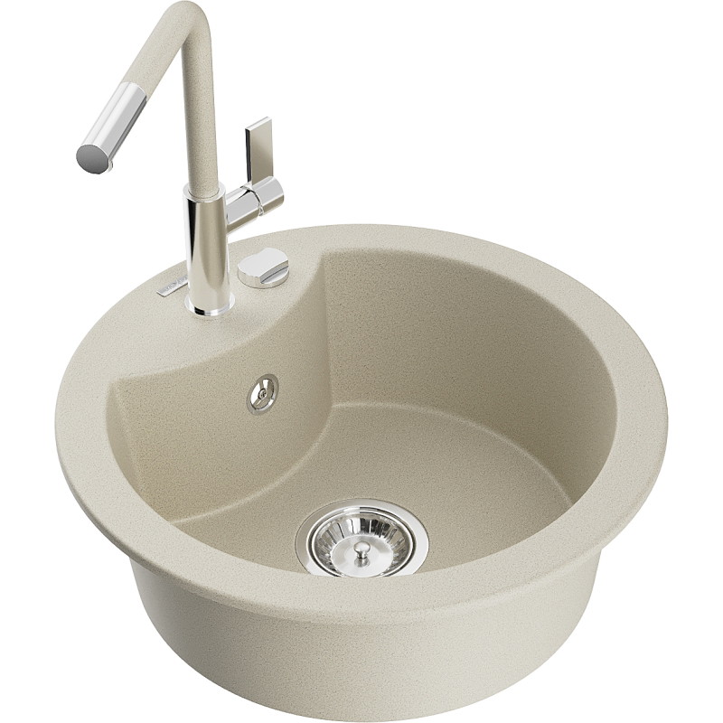 Mexen Diego évier en granit 1 bac avec robinet de cuisine Flora, beige - 6512-69-670401-09