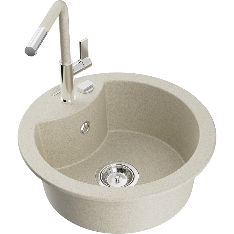 Mexen Diego granite sink 1-bowl with Flora kitchen tap, beige - 6512-69-670401-09