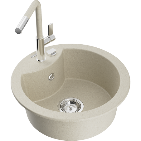 Mexen Diego granite sink 1-bowl with Flora kitchen tap, beige - 6512-69-670401-09