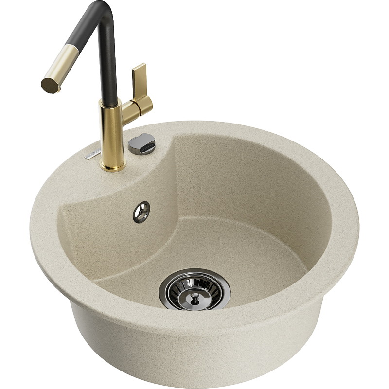 Mexen Diego Évier en granit 1 bac avec robinet de cuisine Flora, beige - 6512-69-670401-57-B