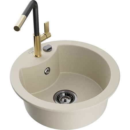 Mexen Diego granite kitchen sink 1-bowl with Flora kitchen faucet, beige - 6512-69-670401-57-B