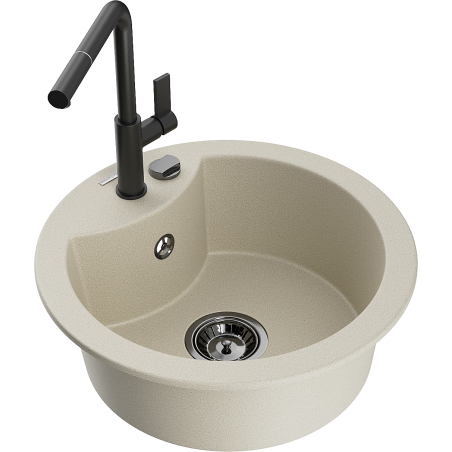 Mexen Diego granitische gootsteen 1-kamer met keukenkraan Flora, beige - 6512-69-670401-70-B