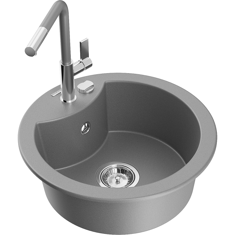 Mexen Diego évier en granit 1-bac avec robinet de cuisine Flora, gris - 6512-71-670401-06