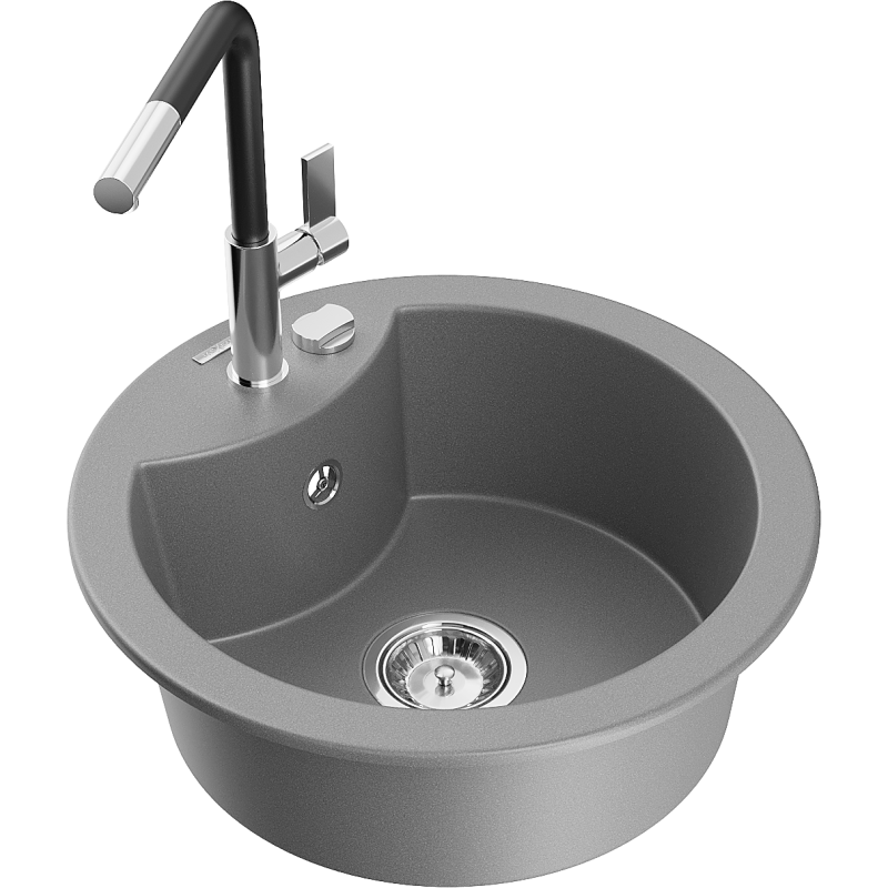 Mexen Diego Granitspüle 1-Becken mit Küchenarmatur Flora, grau - 6512-71-670401-07