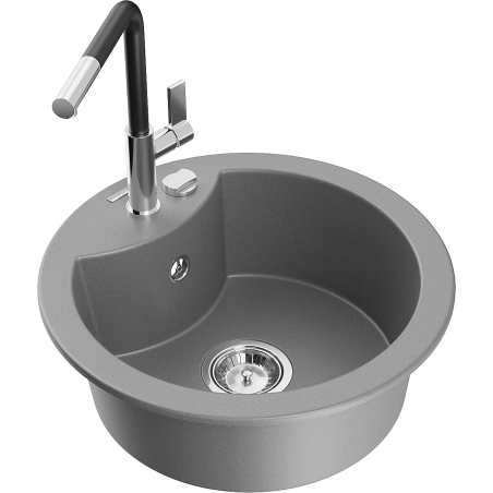 Mexen Diego Granitspüle 1-Becken mit Küchenarmatur Flora, grau - 6512-71-670401-07