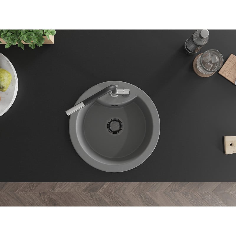 Mexen Diego 1-Bowl Granite Kitchen Sink with Flora Kitchen Tap, Grey - 6512-71-670401-07-B