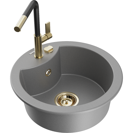 Mexen Diego granite sink 1-bowl with Flora kitchen faucet, gray - 6512-71-670401-57-G