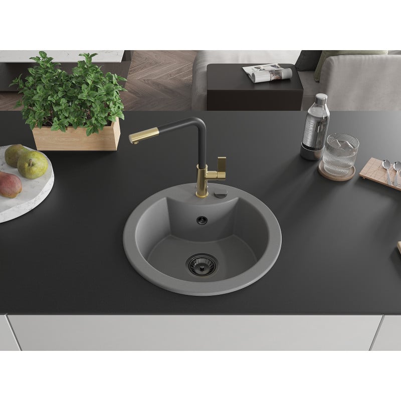 Mexen Diego 1-bowl granite sink with Flora kitchen tap, grey - 6512-71-670401-57-B