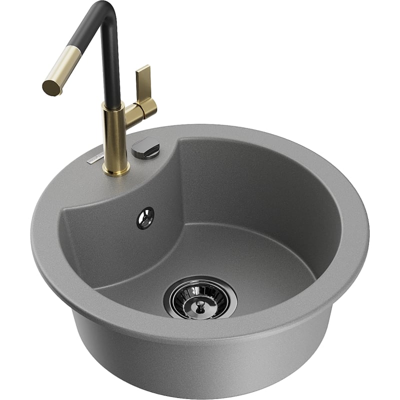 Mexen Diego granite kitchen sink 1-bowl with Flora kitchen faucet, gray - 6512-71-670401-57-B