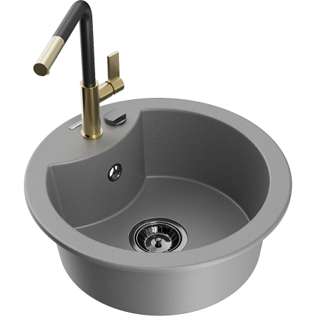 Mexen Diego 1-bowl granite sink with Flora kitchen tap, grey - 6512-71-670401-57-B
