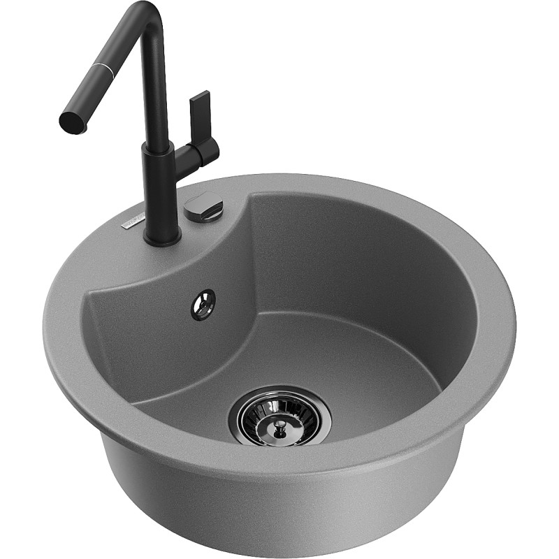 Mexen Diego fregadero de granito de 1 compartimento con grifo de cocina Flora, gris - 6512-71-670401-70-B