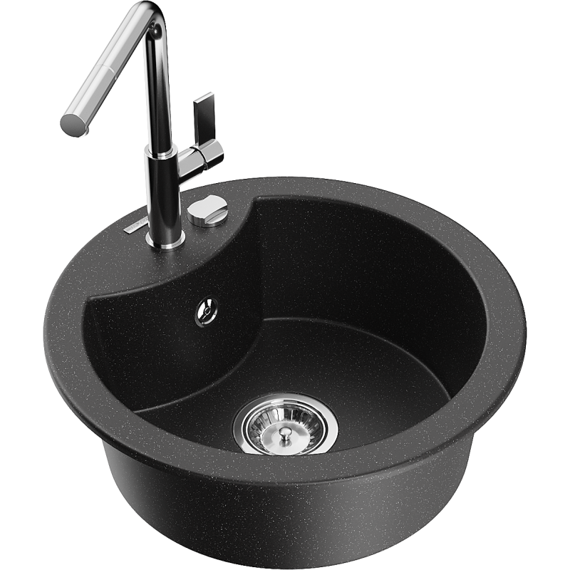 Mexen Diego 1-bowl granite sink with Flora kitchen tap, black/silver metallic - 6512-73-670401-00