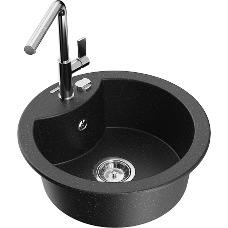 Mexen Diego 1-bowl granite sink with Flora kitchen tap, black/silver metallic - 6512-73-670401-00