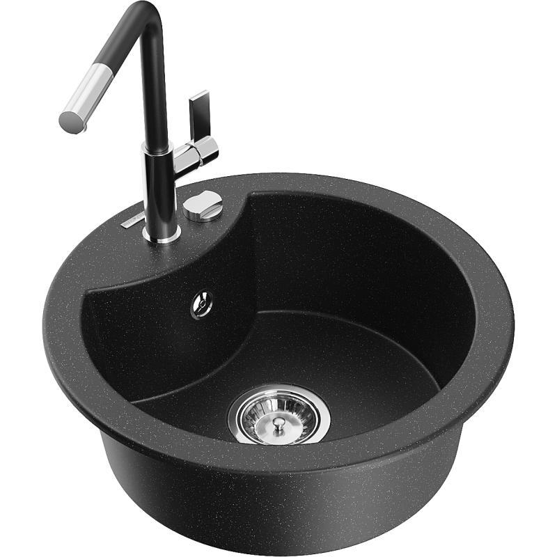 Mexen Diego 1-bowl granite sink with Flora kitchen tap, black/silver metallic - 6512-73-670401-07