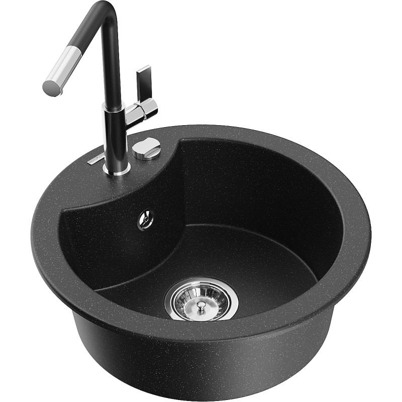 Mexen Diego fregadero de granito de 1 compartimento con grifo de cocina Flora, negro/plateado metálico - 6512-73-670401-07