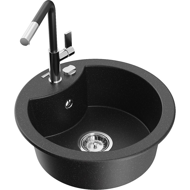 Mexen Diego granīta izlietne ar vienu nodalījumu un virtuves jaucējkrānu Flora, melns/sudrabains metālisks - 6512-73-670401-07