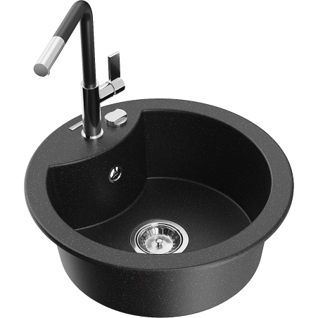 Mexen Diego 1-bowl granite sink with Flora kitchen tap, black/silver metallic - 6512-73-670401-07