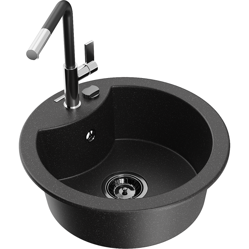 Mexen Diego 1-bowl Granite Sink with Flora Kitchen Tap, Black/Silver Metallic - 6512-73-670401-07-B