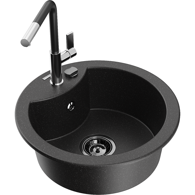 Mexen Diego lava-loiça em granito, 1 bacia com misturadora Flora, preto/metálico prateado - 6512-73-670401-07-B